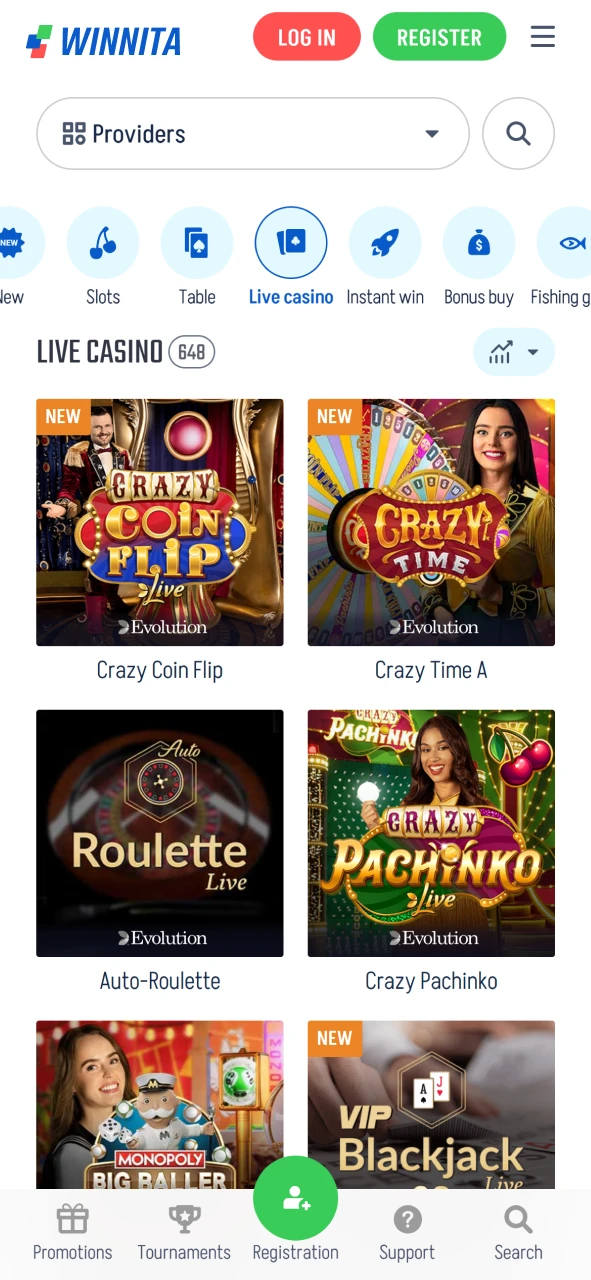 Browse popular slot and live games inside the official Winnita casino section.