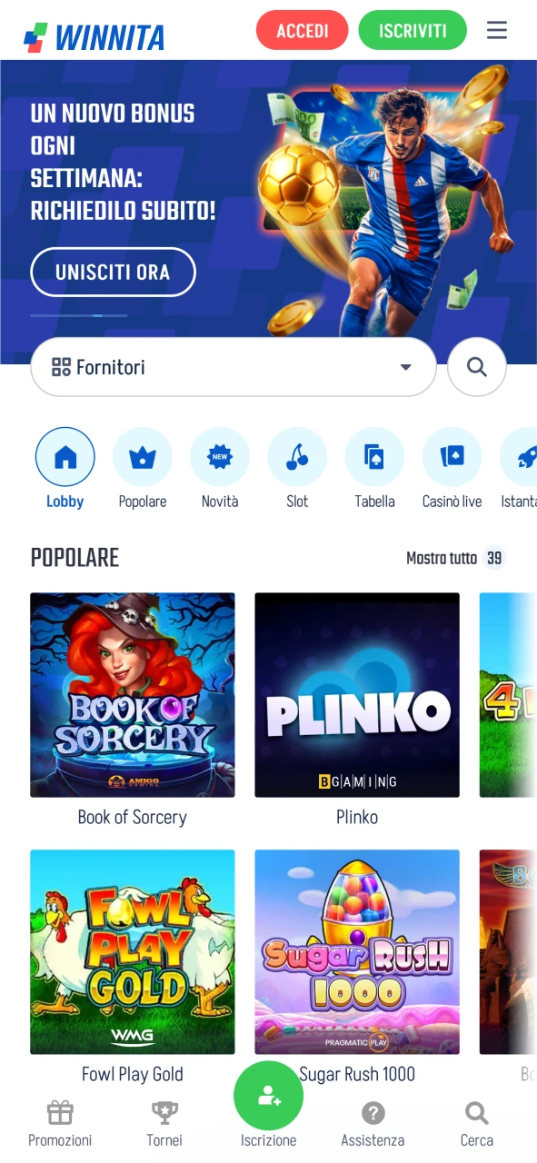 Esplora l’interfaccia della piattaforma ufficiale Winnita con accesso rapido alle principali funzioni.