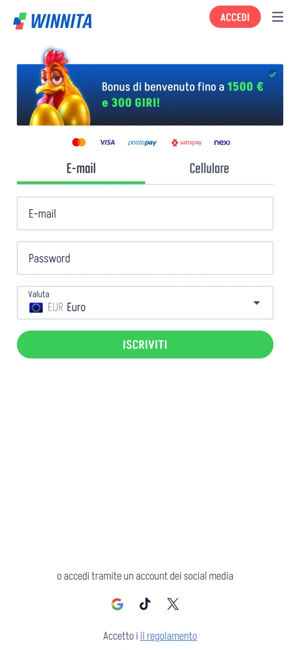 Completa una rapida registrazione account sulla piattaforma ufficiale Winnita con modulo semplice.