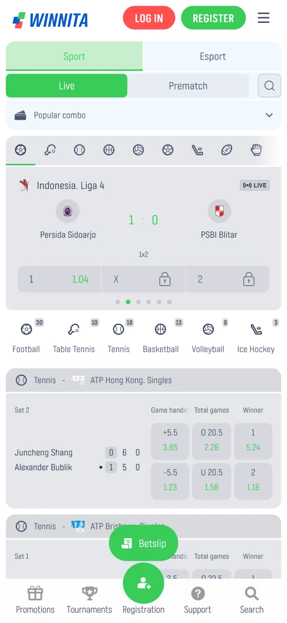 View sports betting markets and live events on the Winnita betting platform.