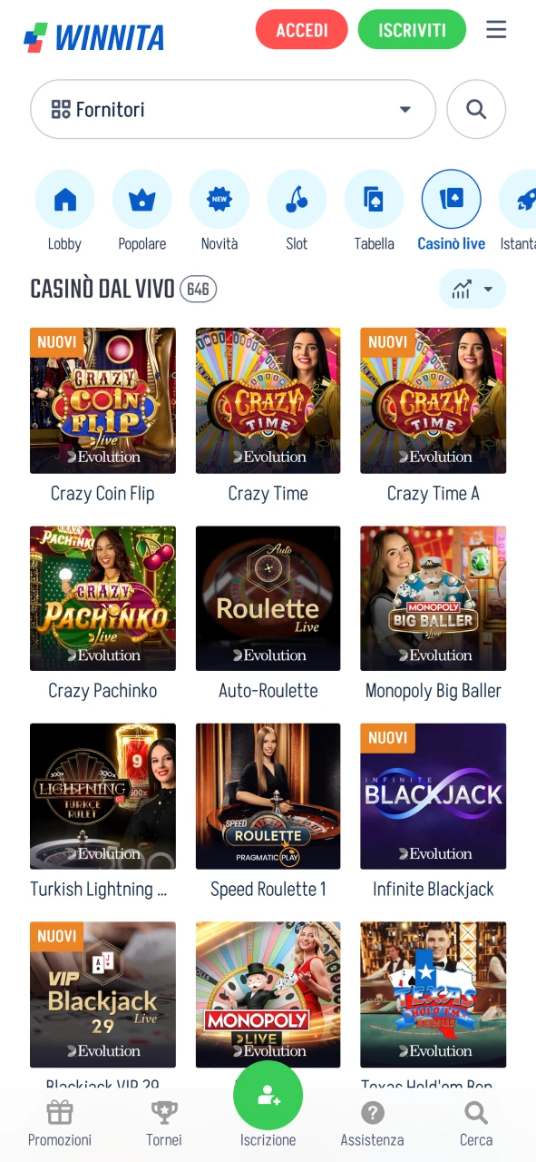 Sfoglia slot e giochi live popolari nella sezione casinò ufficiale Winnita.