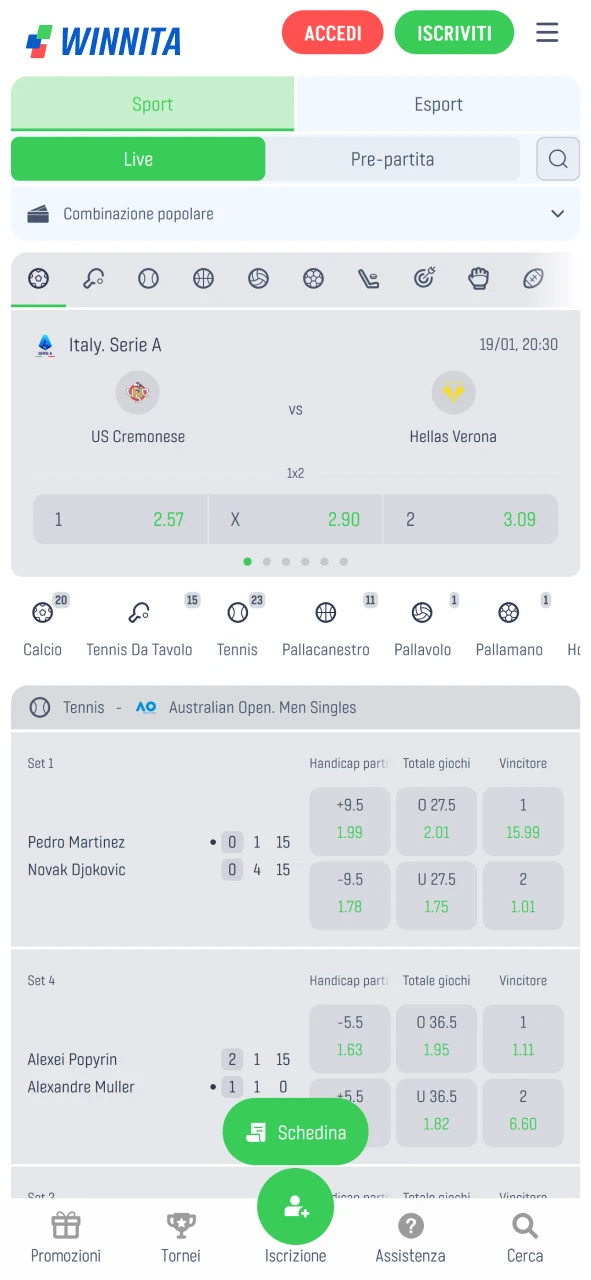 Visualizza mercati di scommesse sportive ed eventi live sulla piattaforma Winnita.