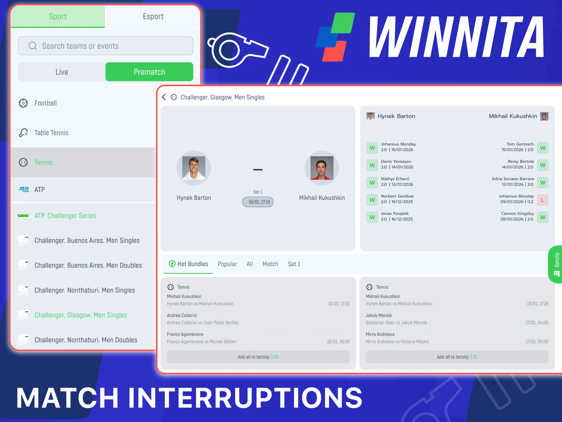 Read rules for interrupted matches and irregular events on Winnita.