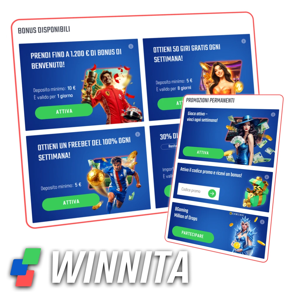 Richiedi offerte bonus e promozioni senza deposito su Winnita Italia.