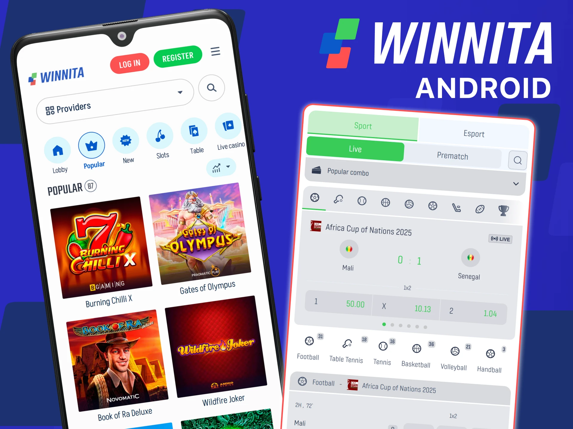 Download and use the Winnita app on Android for fast betting and casino play.