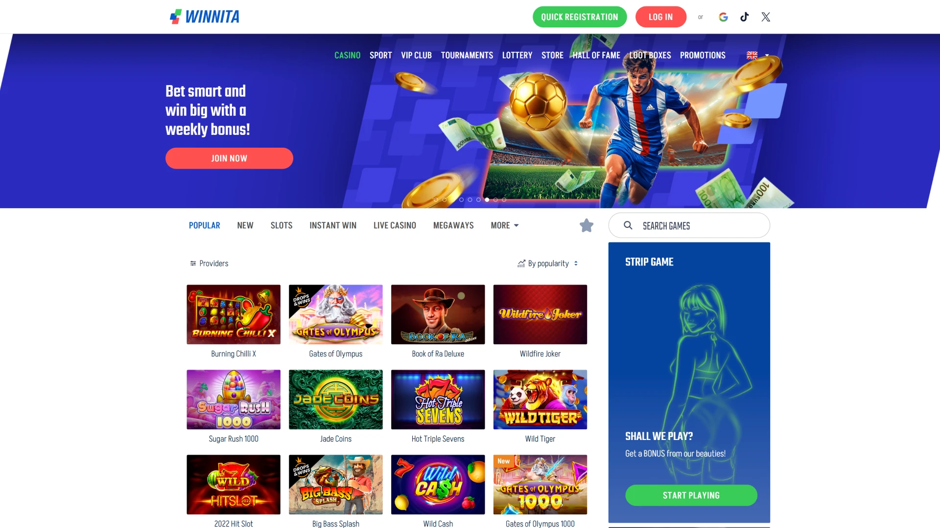 Explore the main interface of the official Winnita sportsbook and casino website.