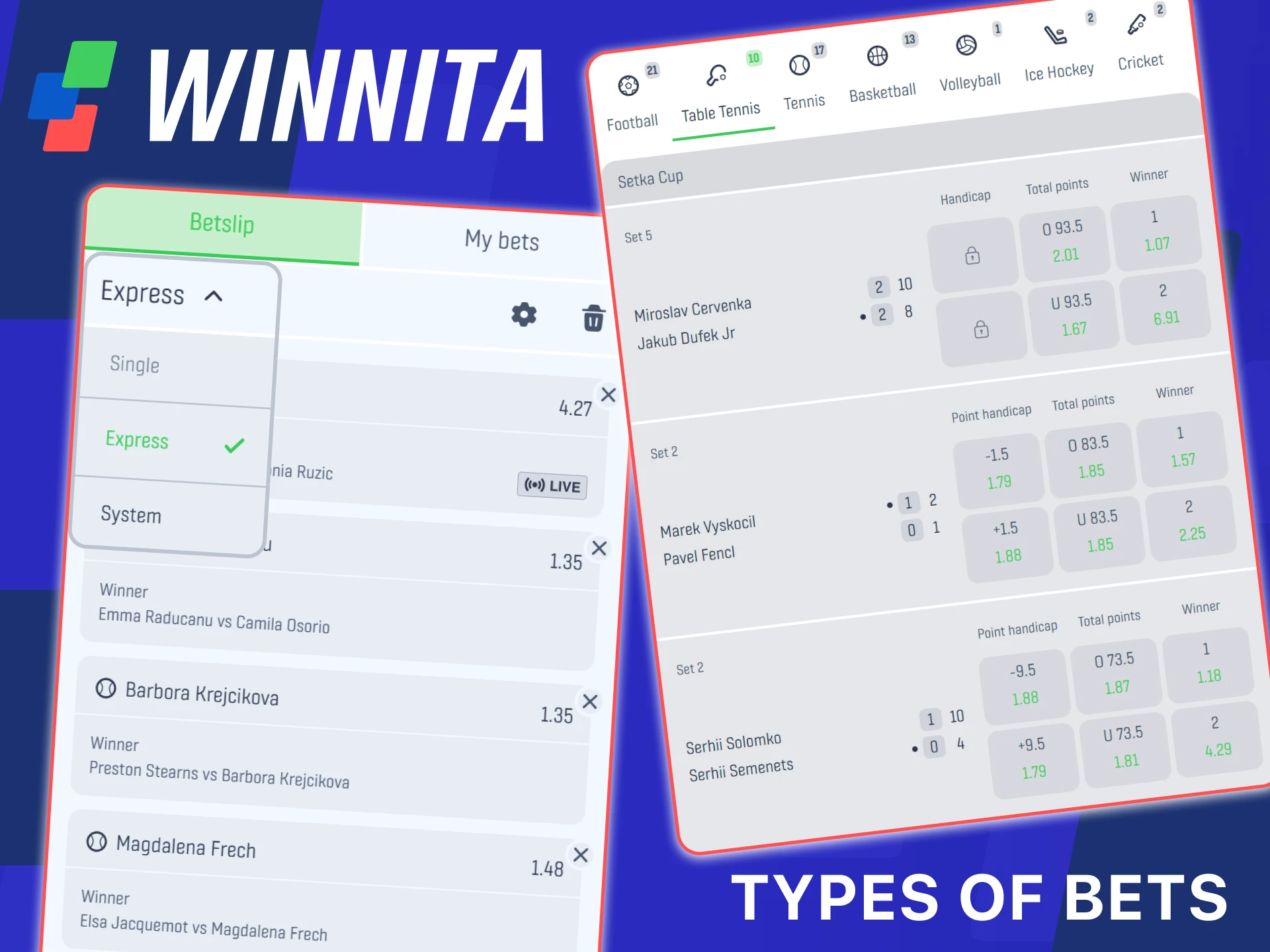 Overview of main types of sports bets available on Winnita Italy.