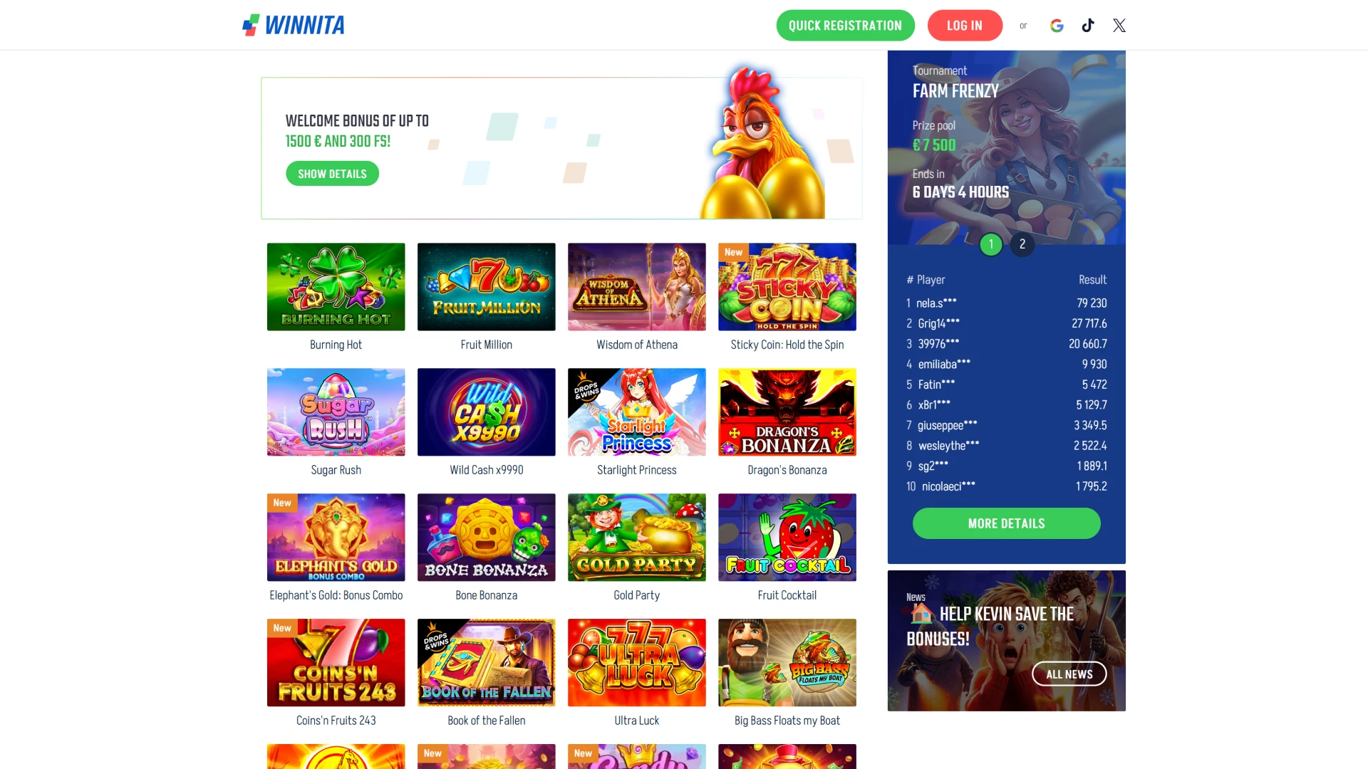 Browse casino games available on the official Winnita platform.
