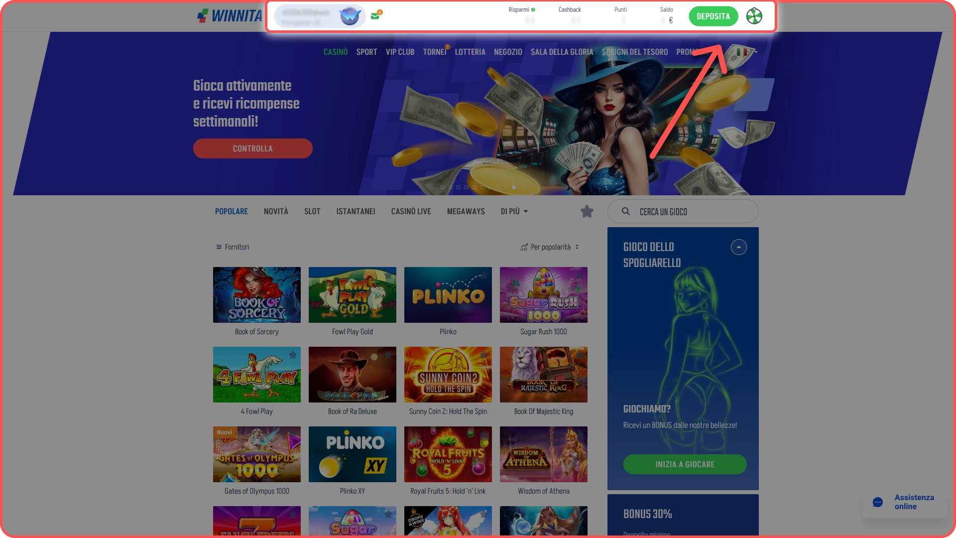 Accedi alla dashboard del tuo account sul sito ufficiale Winnita Italia.
