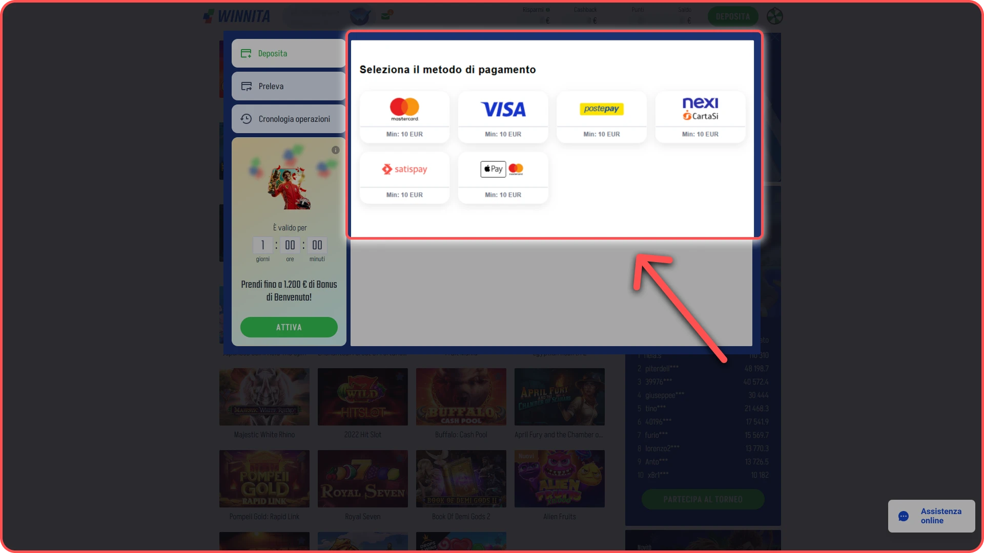 Seleziona un metodo di pagamento preferito sulla piattaforma Winnita.