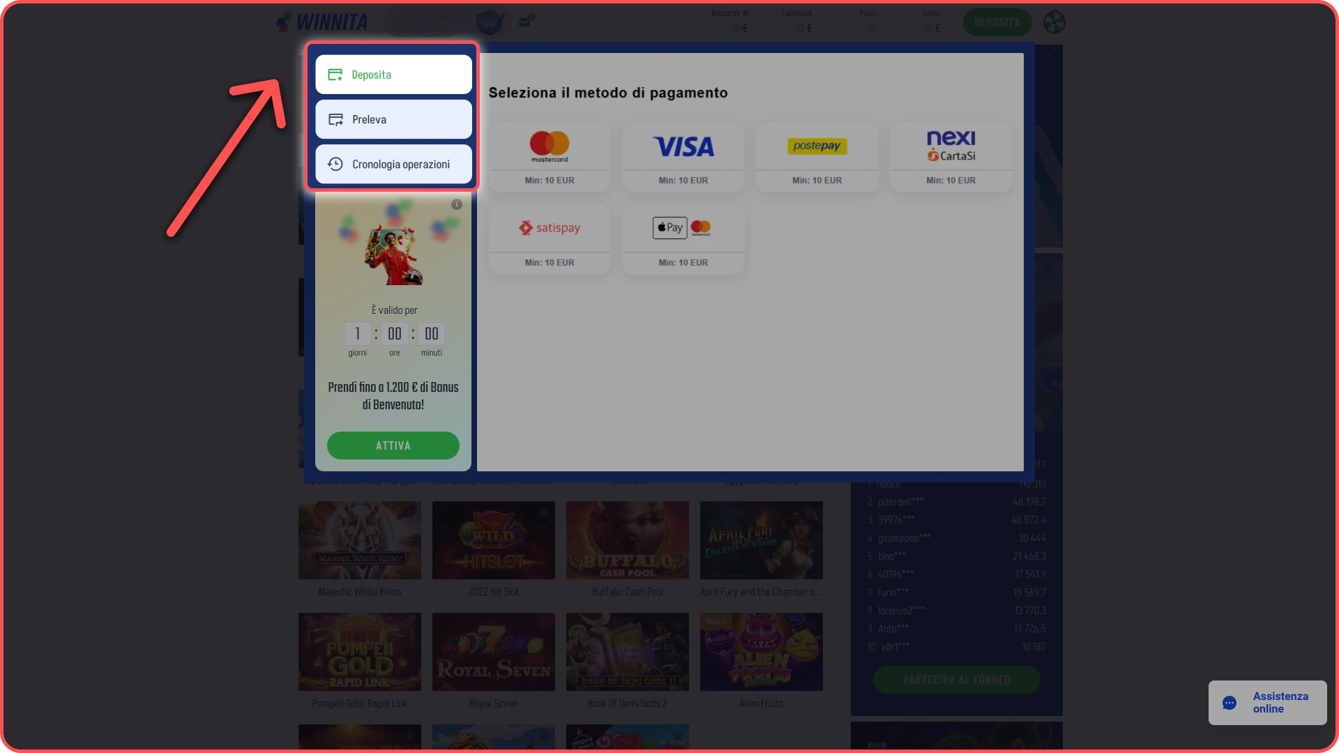 Clicca sul pulsante di deposito per aggiungere fondi sul sito Winnita.
