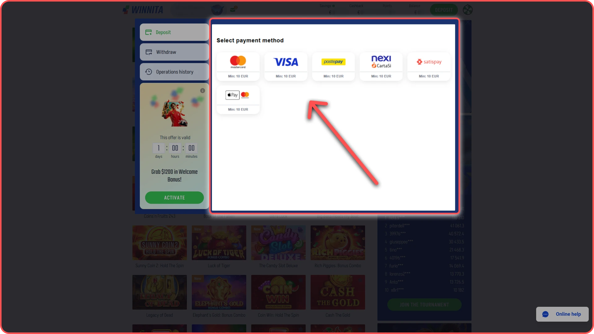 Select a preferred payment method on Winnita platform.