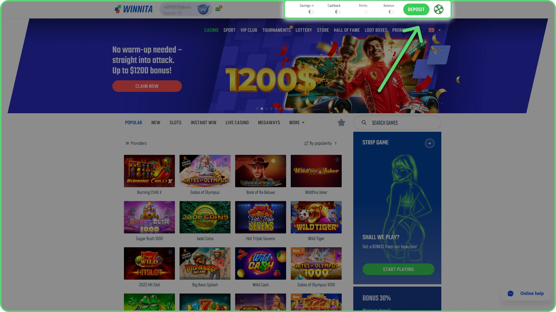 Open the cashier section to manage funds on Winnita site.