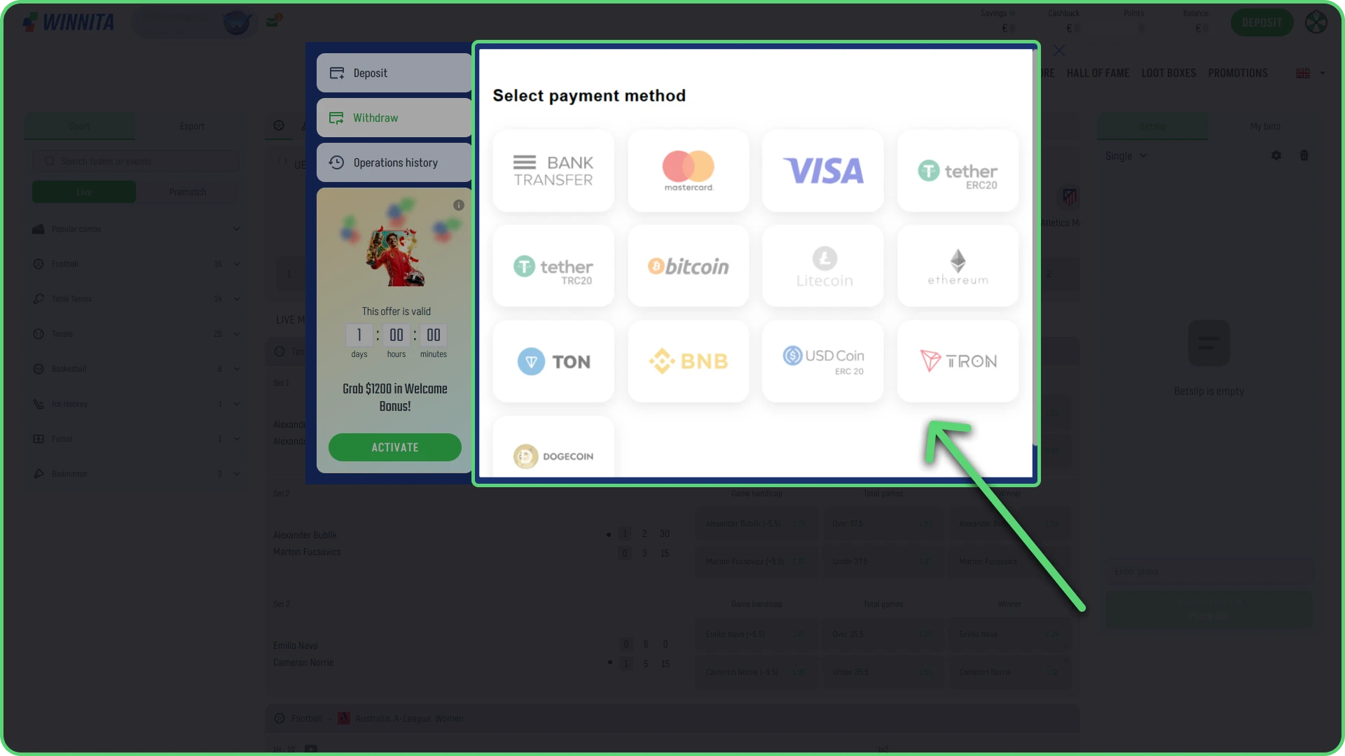 Choose a preferred withdrawal method on Winnita Italy site.