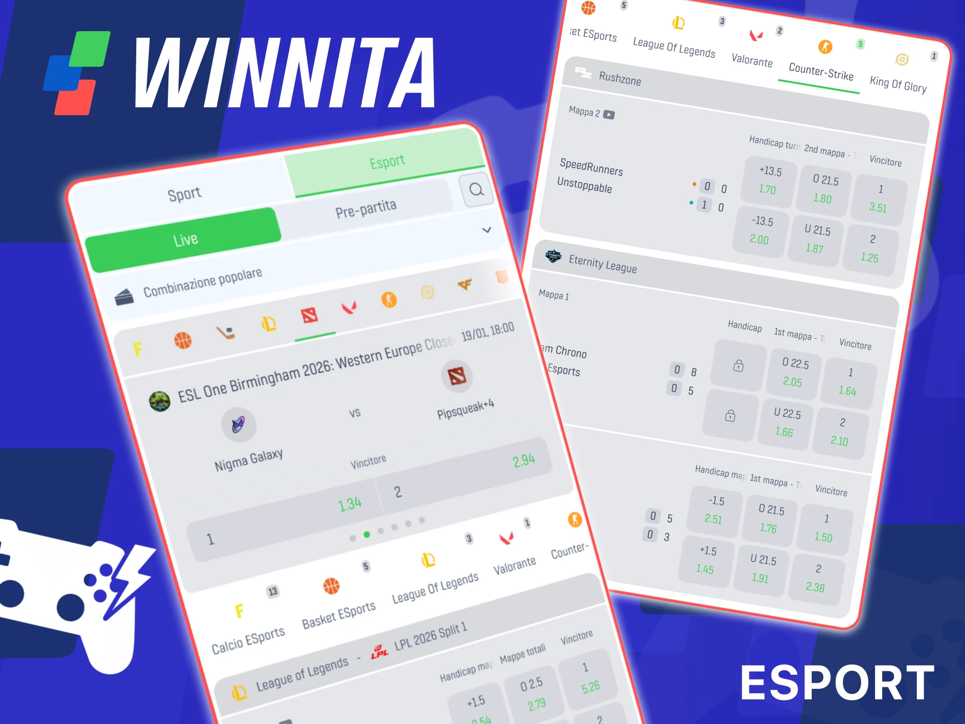 Scommetti su esport popolari come CS GO e Dota su Winnita.