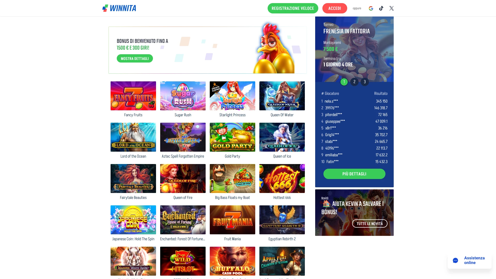 Sfoglia i giochi disponibili sulla piattaforma ufficiale Winnita.