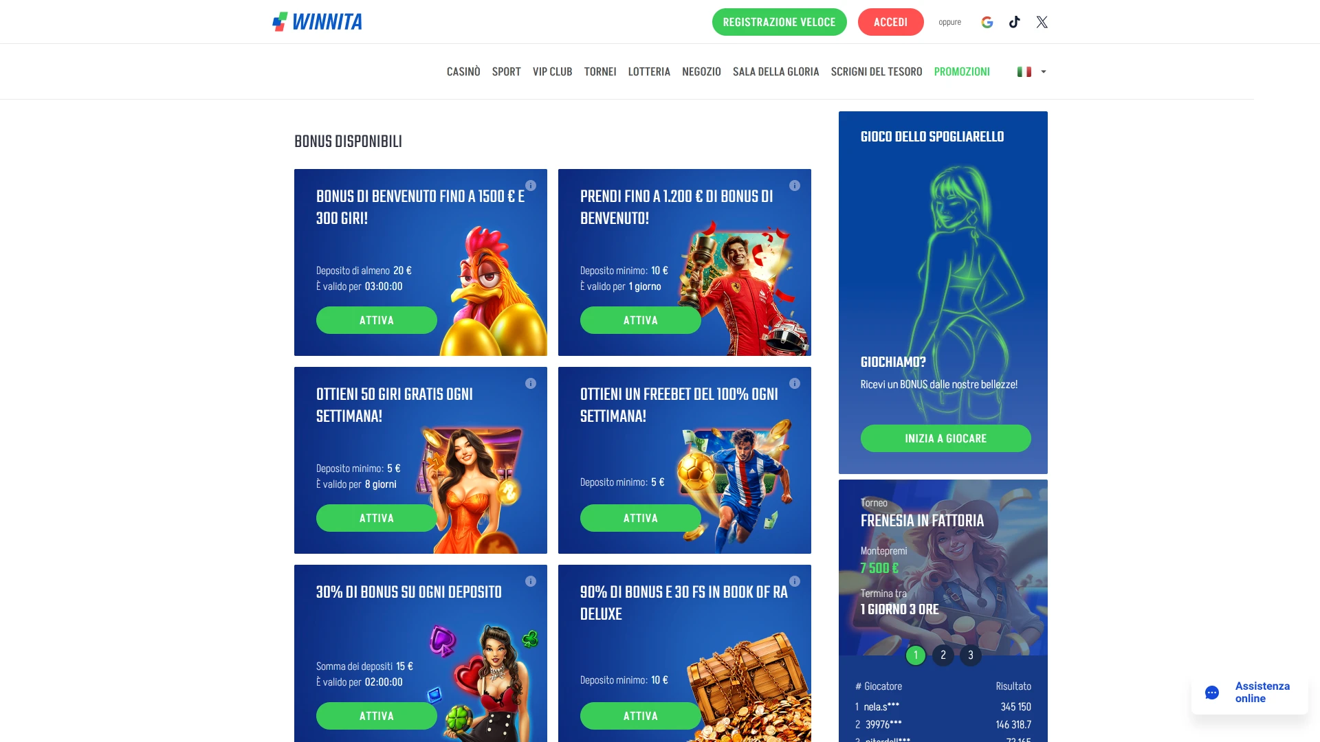 Visualizza bonus e promozioni attive sulla piattaforma ufficiale Winnita.