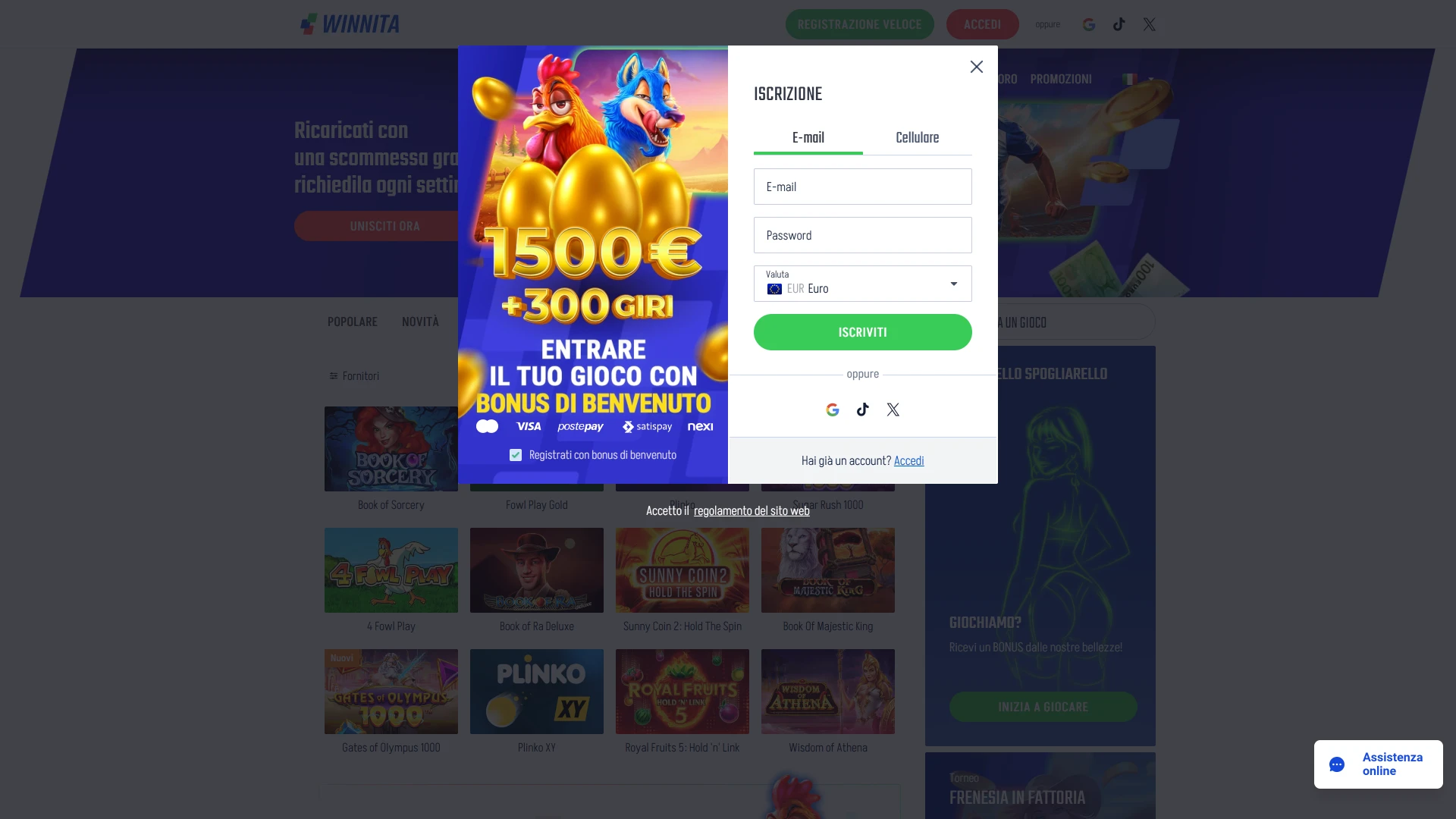 Completa la registrazione sul sito ufficiale Winnita per iniziare a giocare.