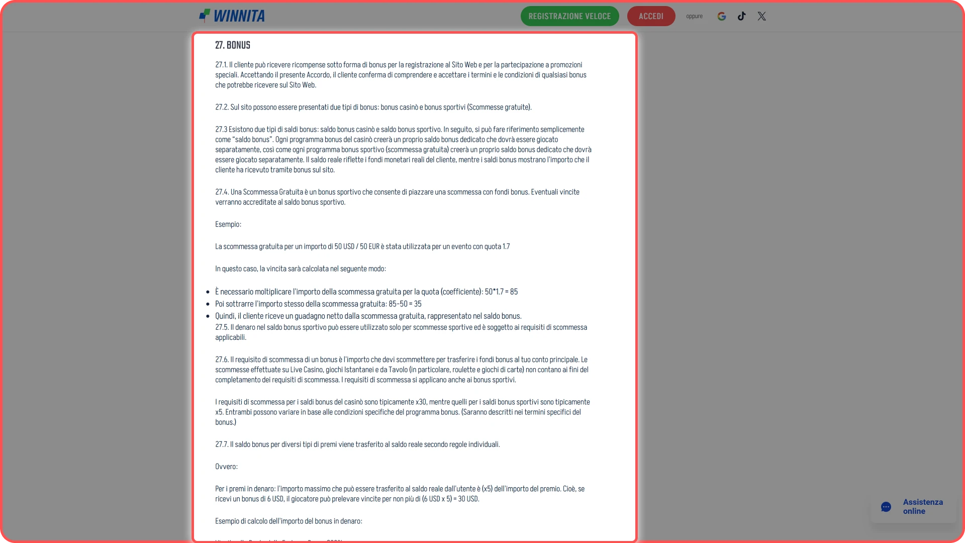 Completa i requisiti di scommessa per prelevare le vincite su Winnita.