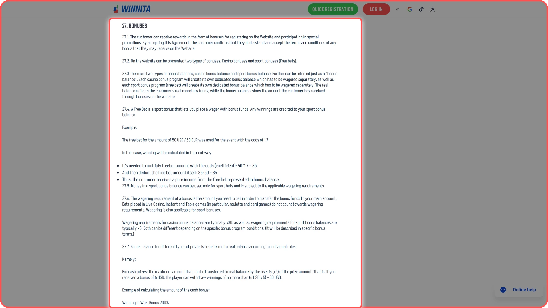 Complete wagering requirements to withdraw winnings on Winnita.
