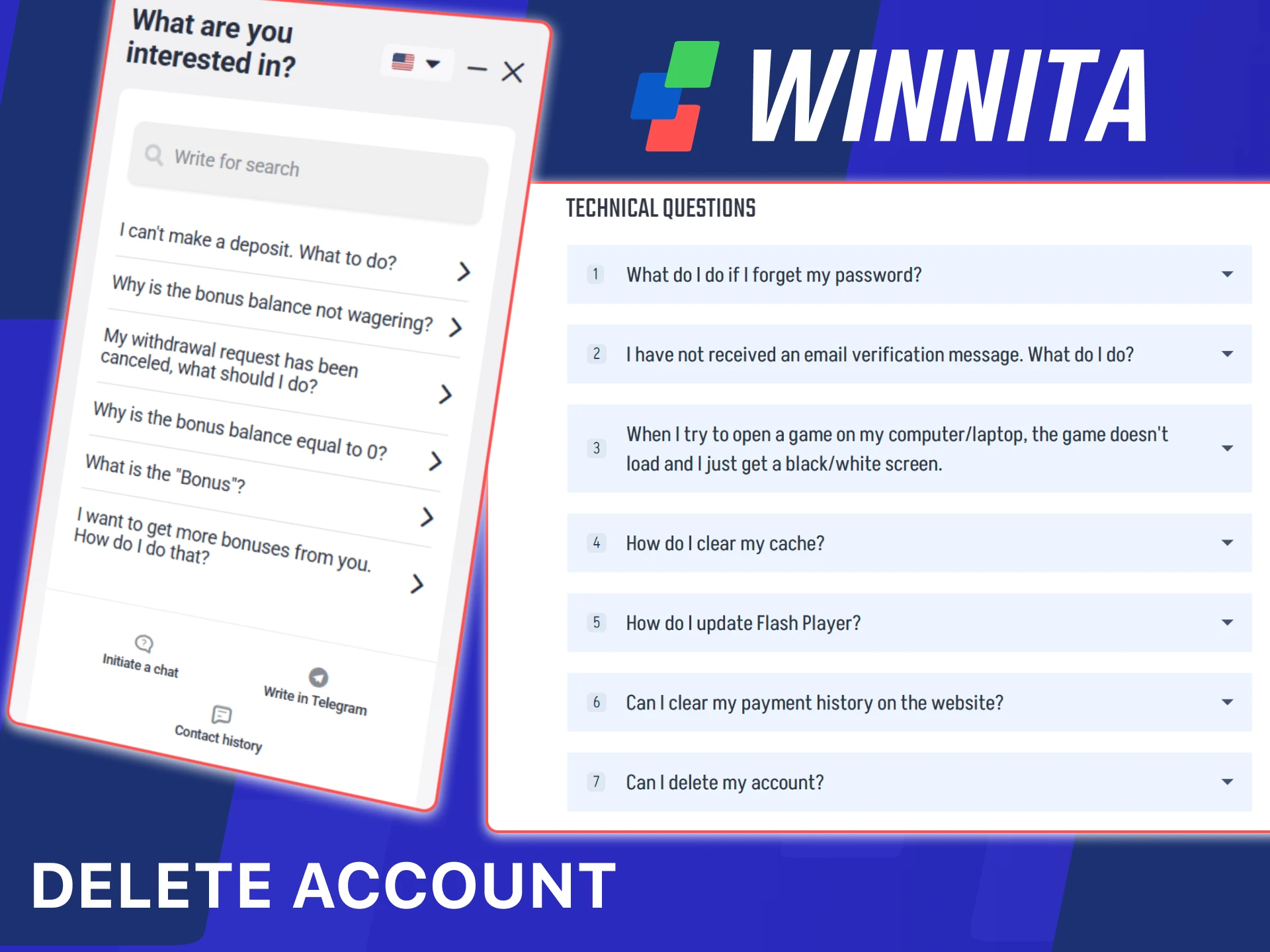 Request account deletion and manage profile settings on the official Winnita website.
