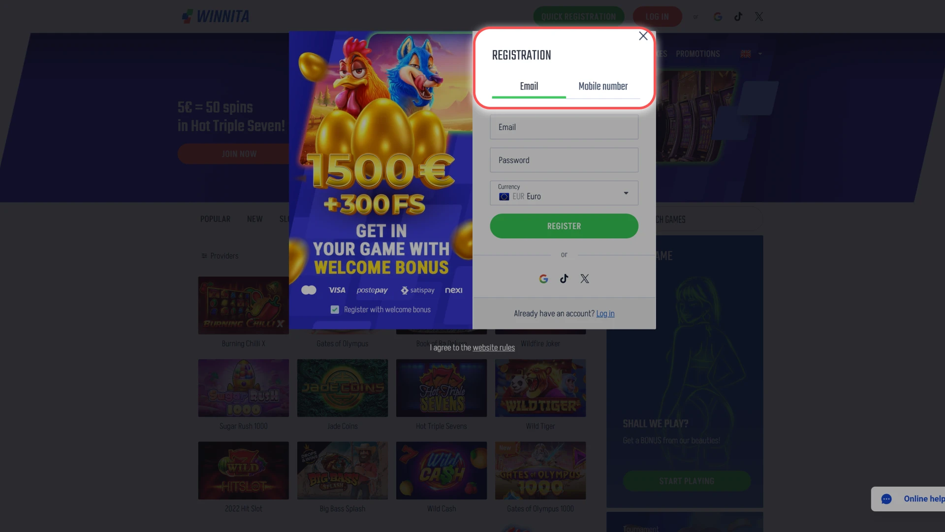 Select email, phone, or social login option on the Winnita platform.