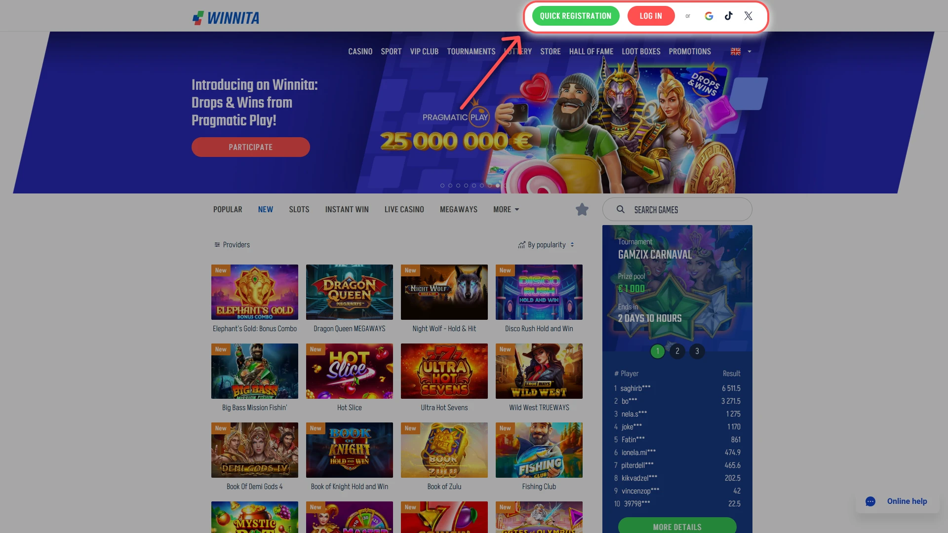 Open the official Winnita website to start a fast account registration process.