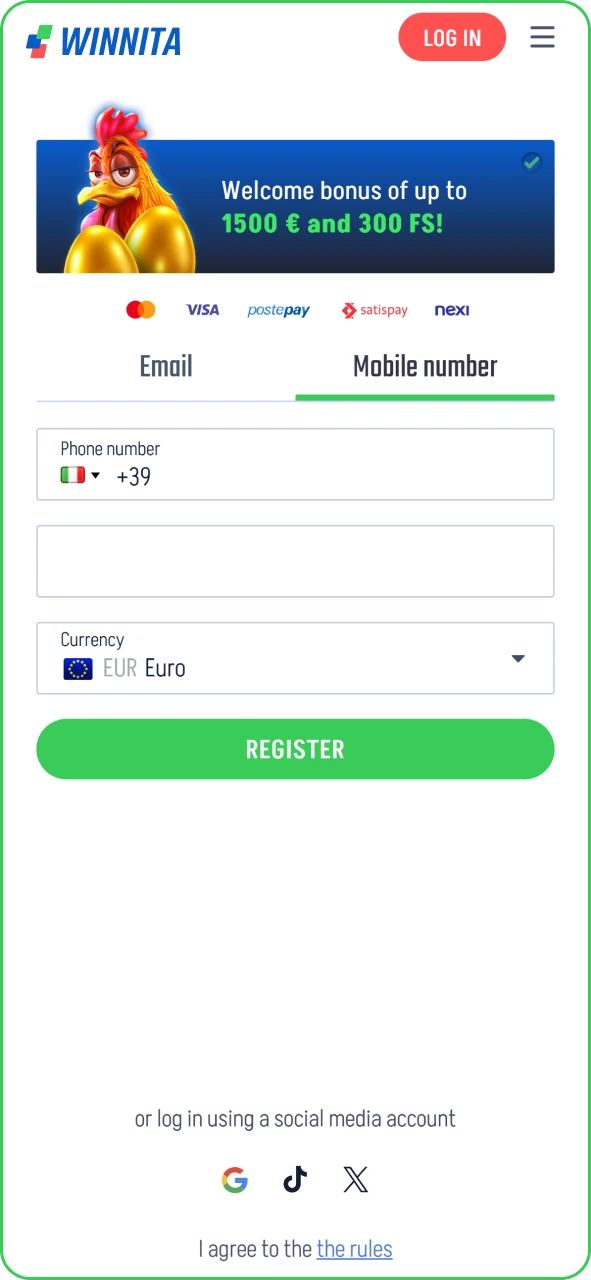 Open the registration form inside the Winnita mobile application interface.