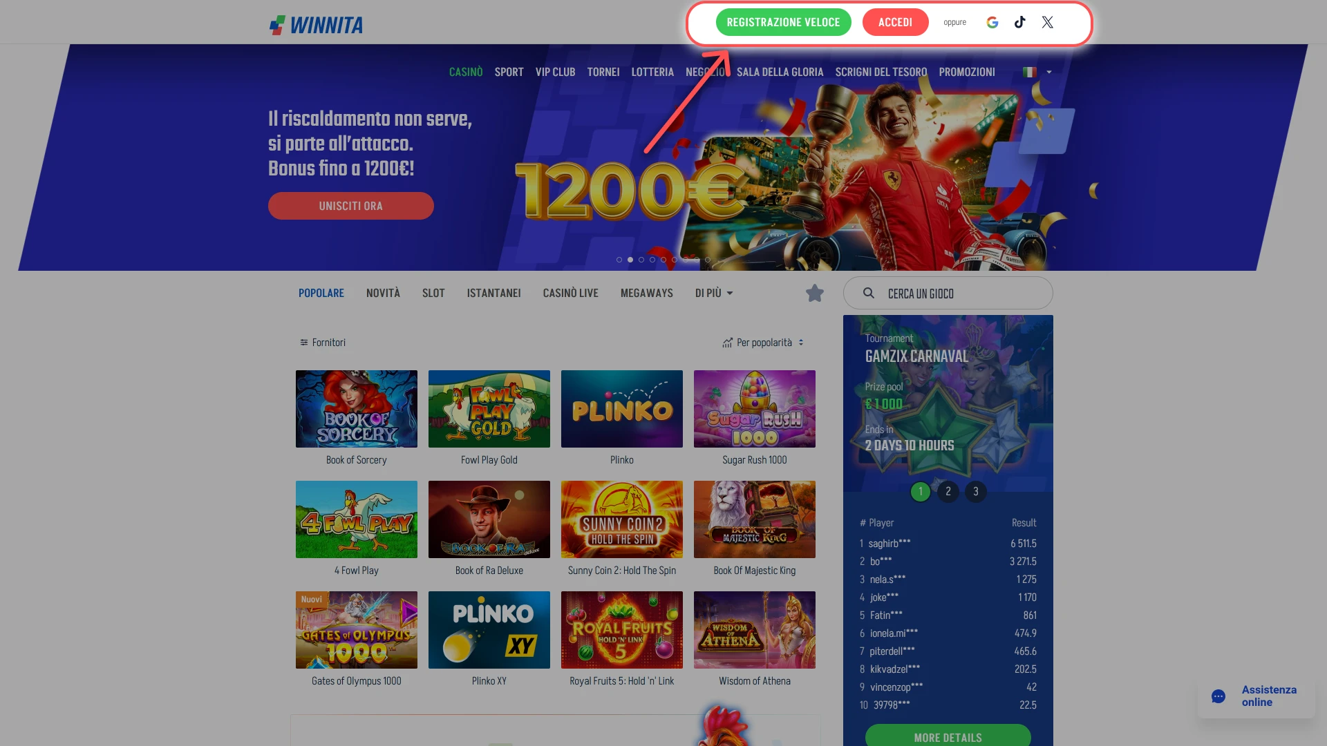 Apri il sito ufficiale Winnita per iniziare una rapida registrazione.