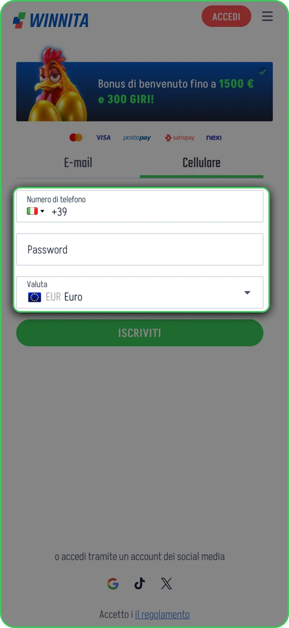 Inserisci dati personali e impostazioni account durante la registrazione sull’app Winnita.