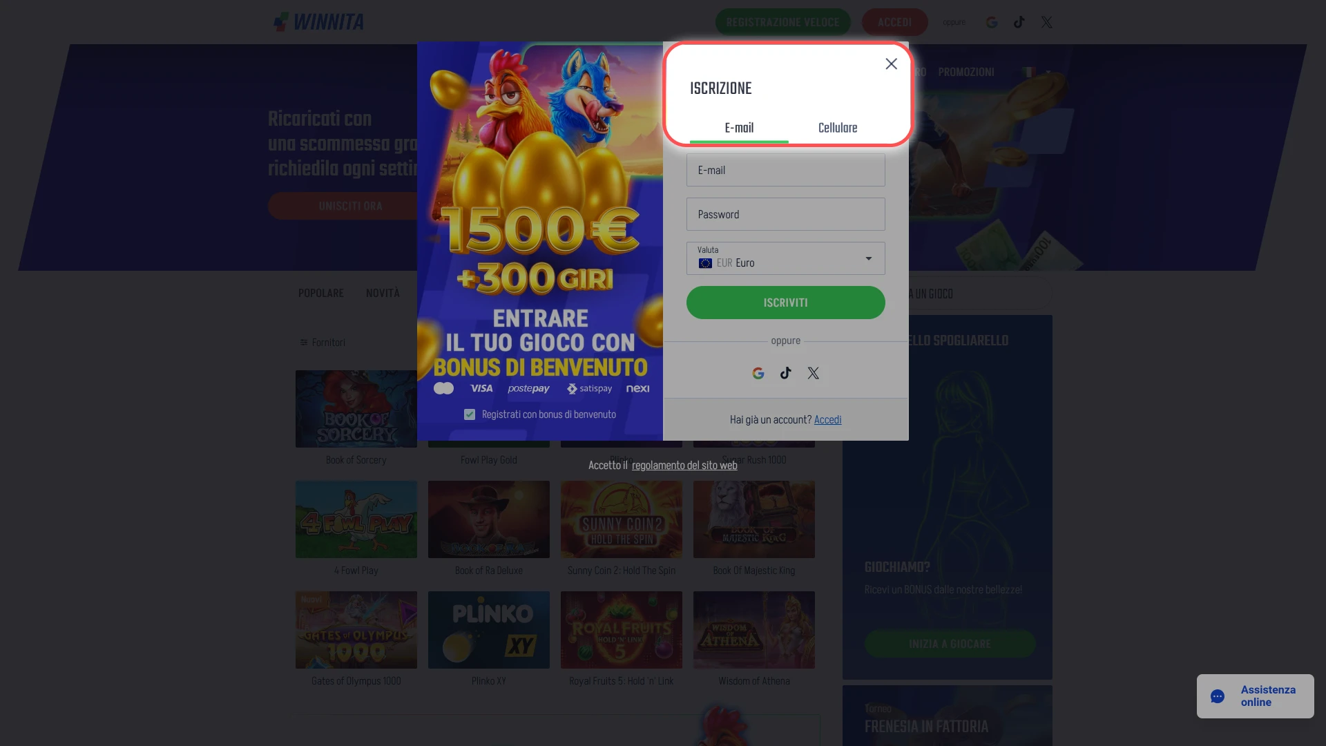 Seleziona email, telefono o accesso social sulla piattaforma Winnita.