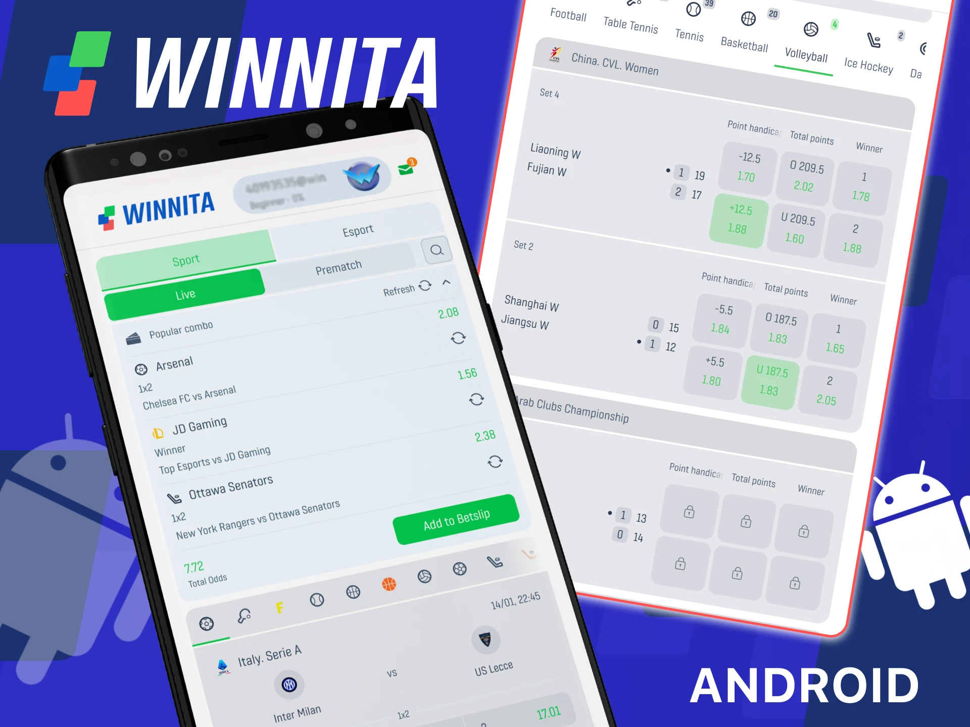 Download Winnita Sports for Android to place bets on the official platform.