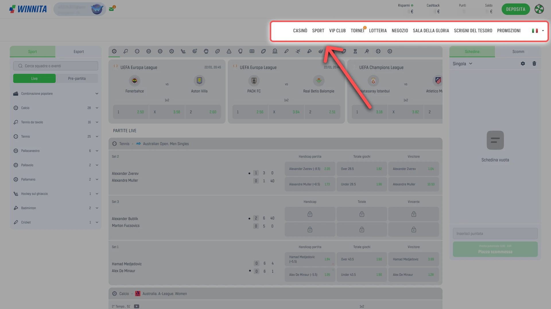 Apri la sezione scommesse sportive sul sito ufficiale Winnita.
