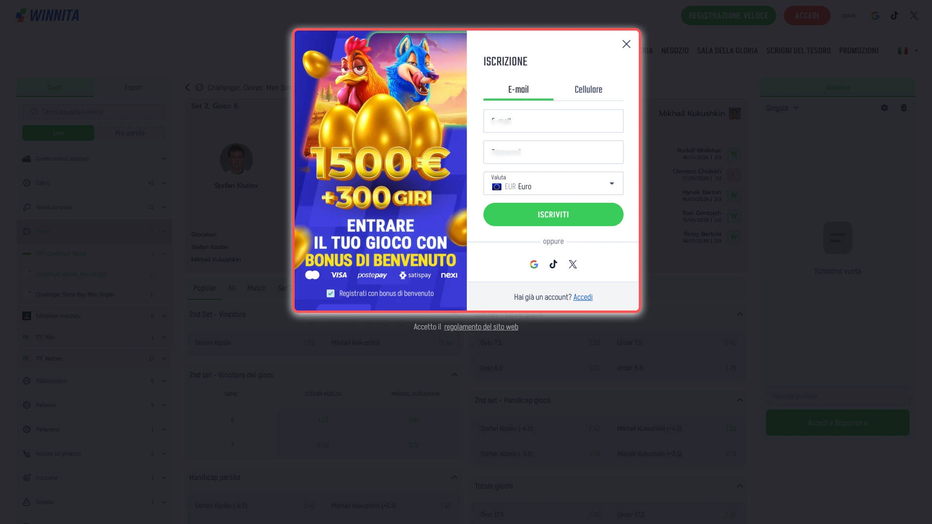 Crea il tuo account sulla piattaforma ufficiale Winnita per iniziare a scommettere.