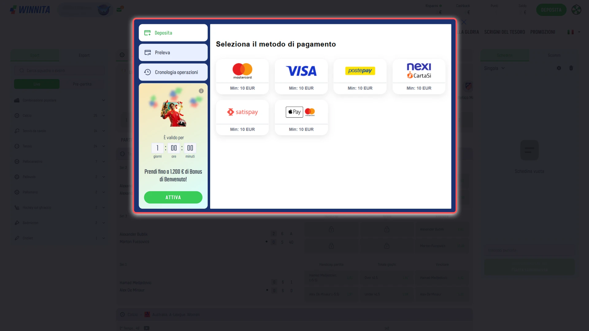 Aggiungi fondi al tuo saldo Winnita utilizzando i metodi di pagamento disponibili.