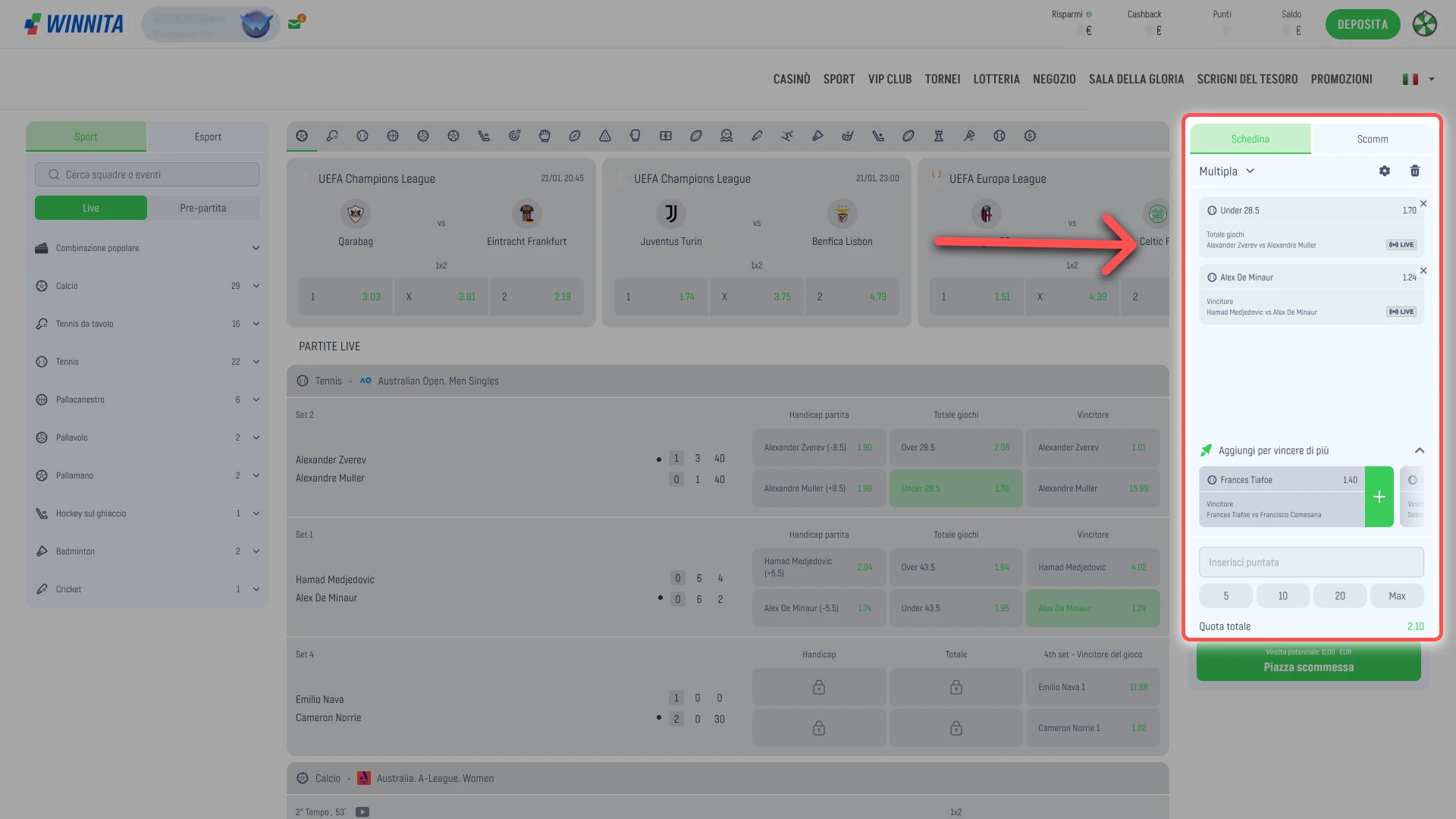 Inserisci la tua puntata nella schedina sul sito Winnita per continuare.