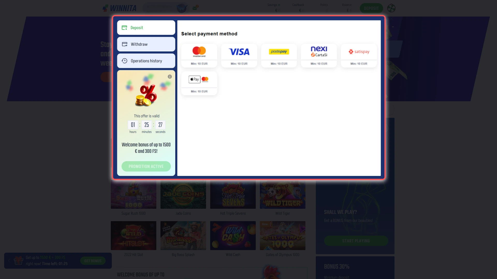 Add money to your Winnita balance using available payment methods.