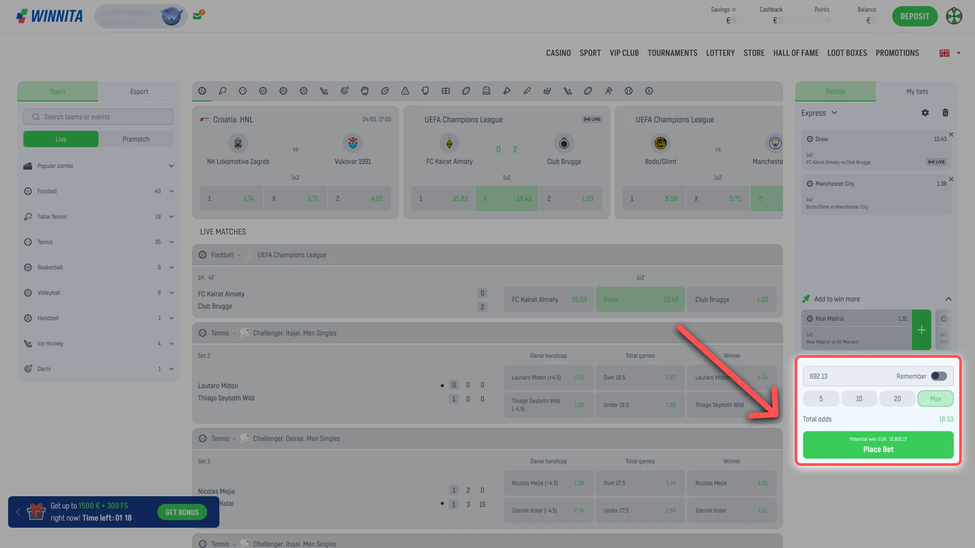 Confirm your bet and place the wager on Winnita platform.