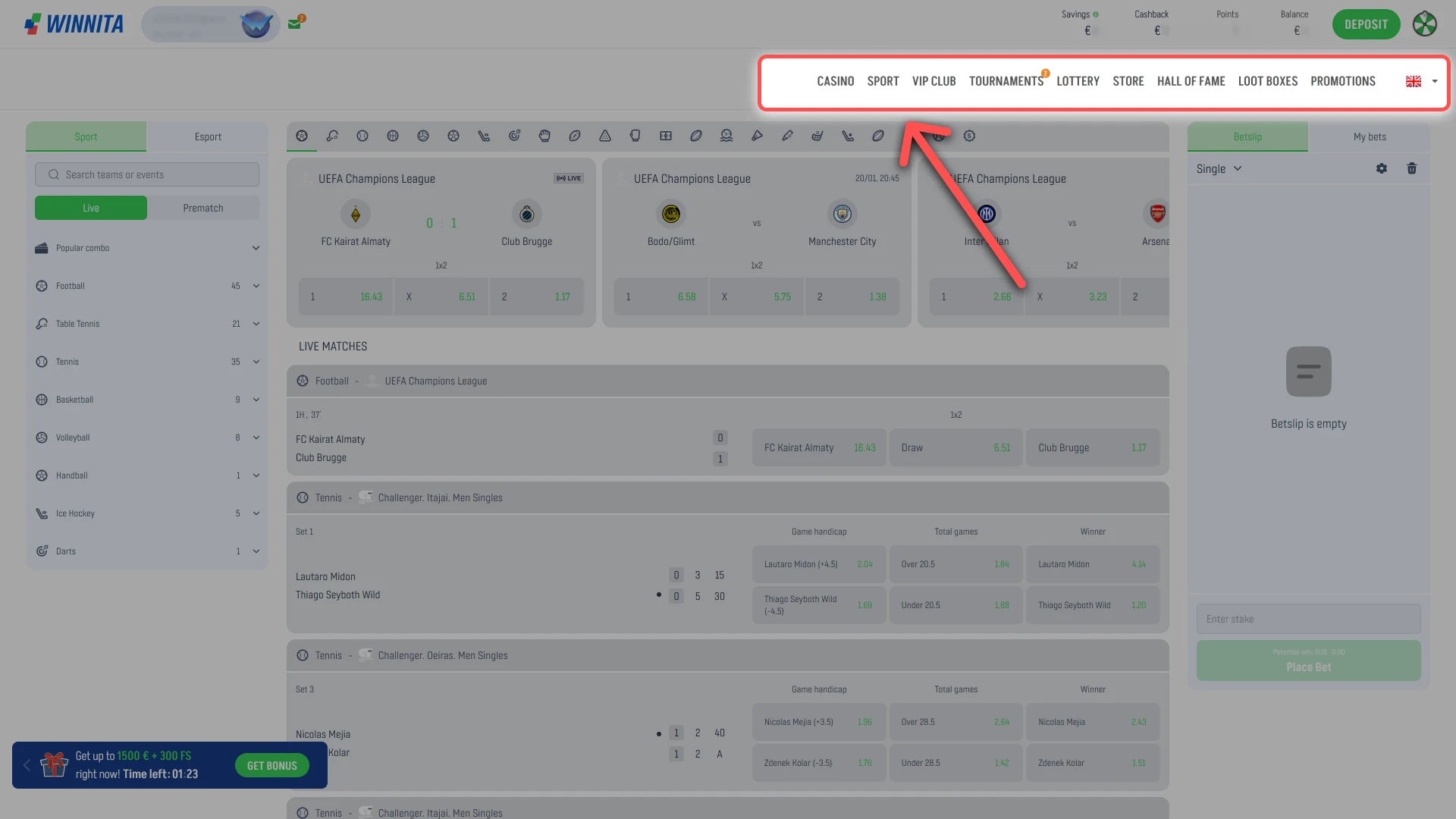 Open the sports betting section on the official Winnita website.