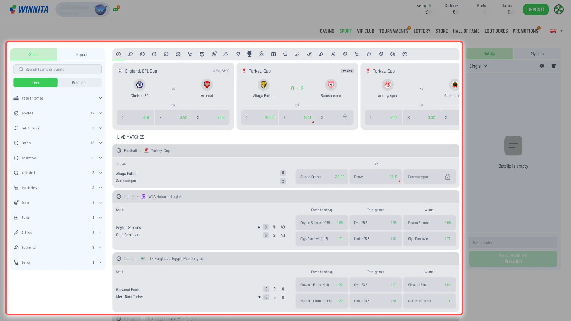 Choose a sports event and market on the Winnita sportsbook.