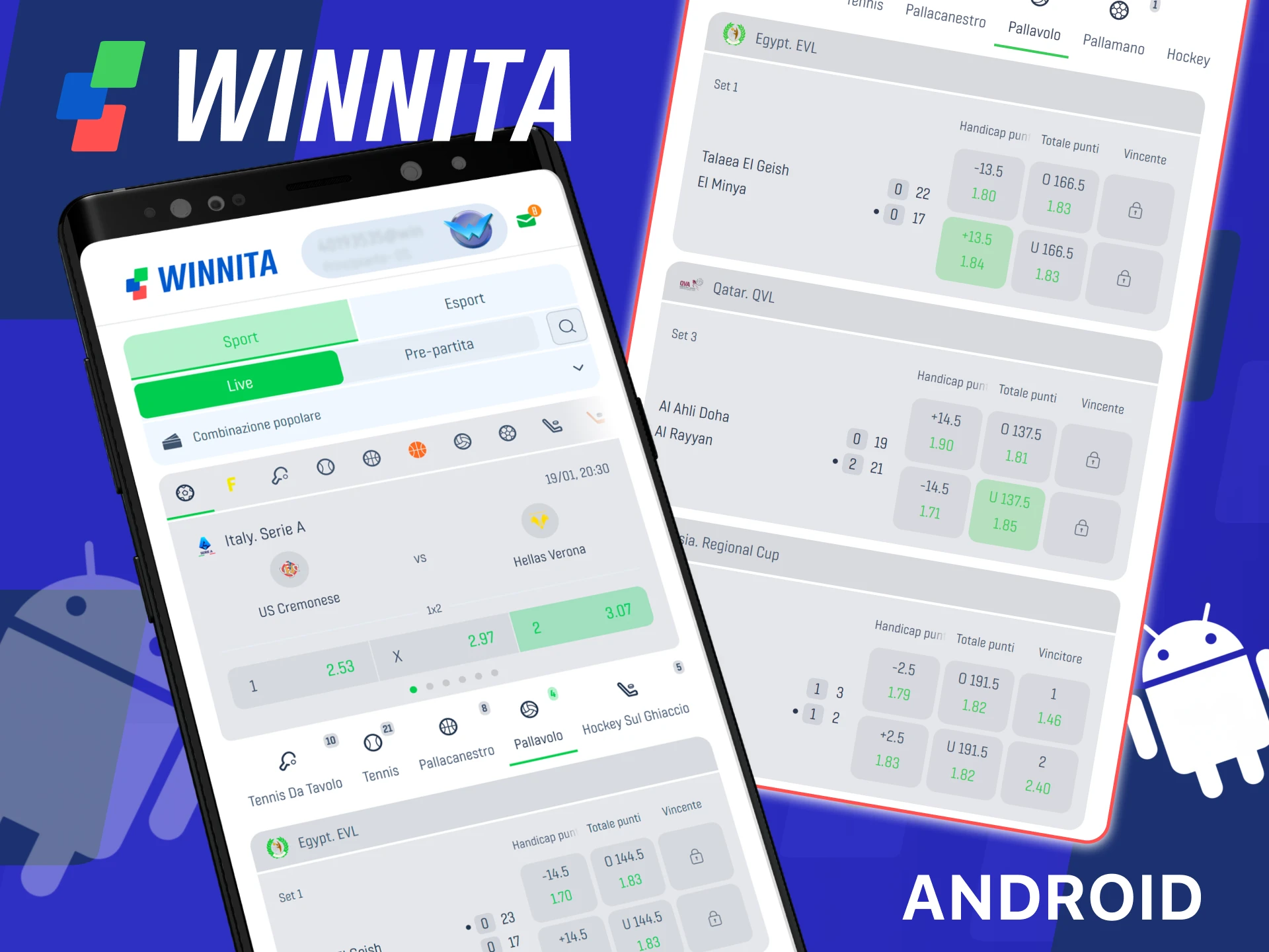 Scarica Winnita Sports per Android per piazzare scommesse sulla piattaforma ufficiale.