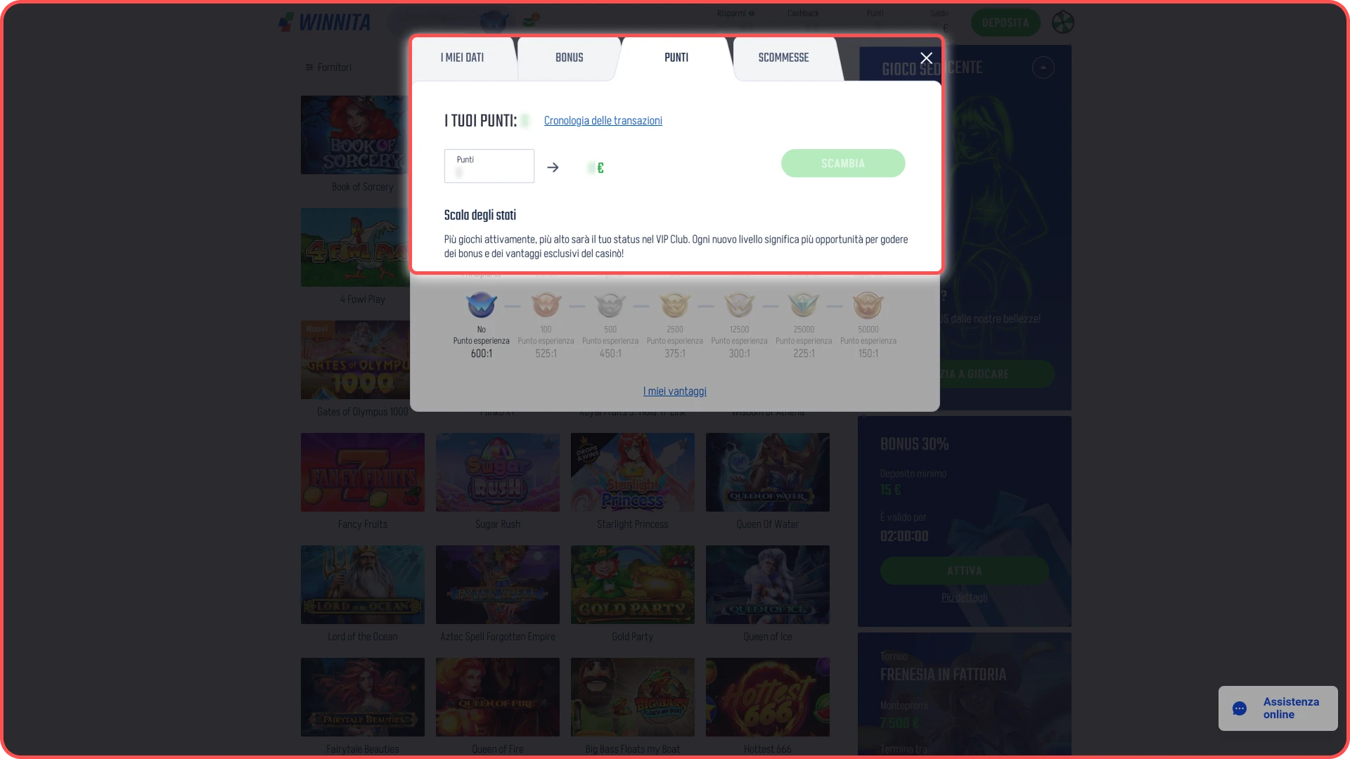 Guadagna punti esperienza mentre giochi sul sito Winnita.