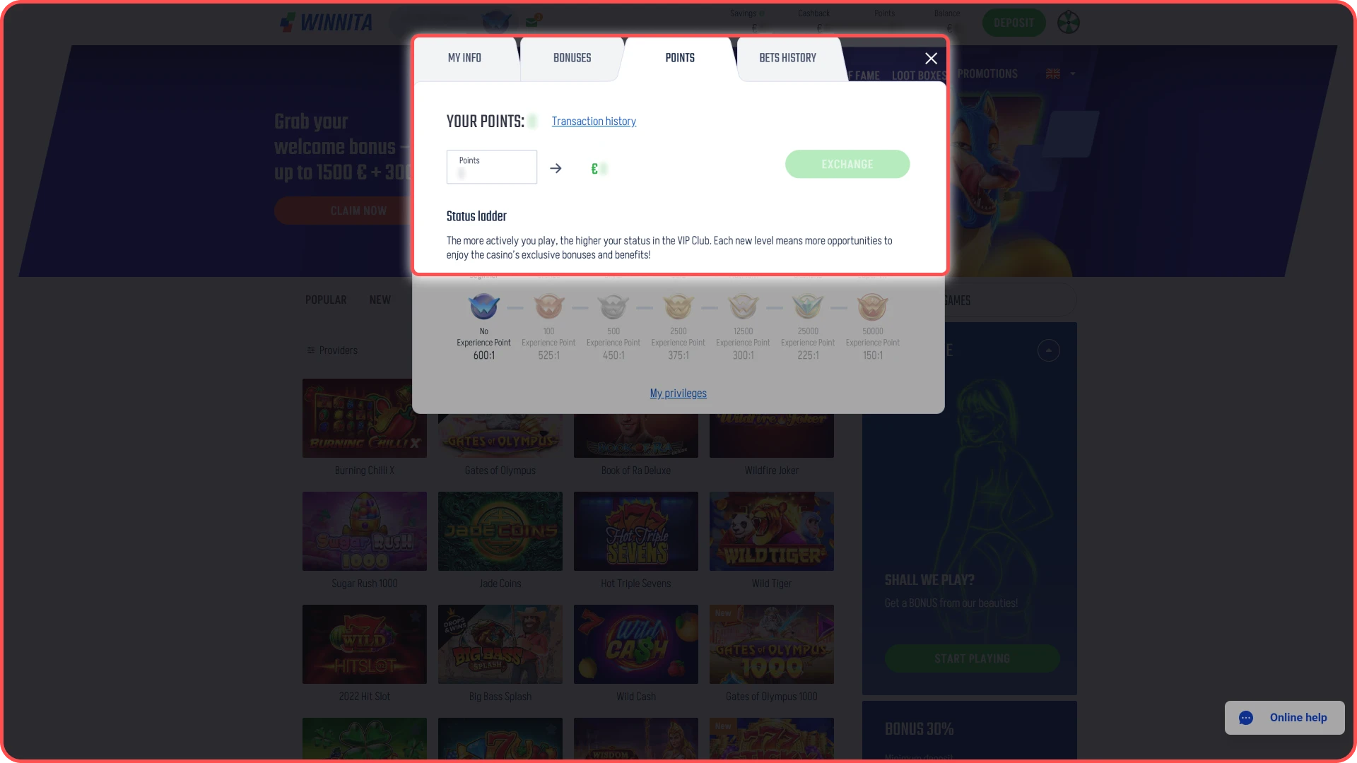 Earn experience points while playing on the Winnita site.